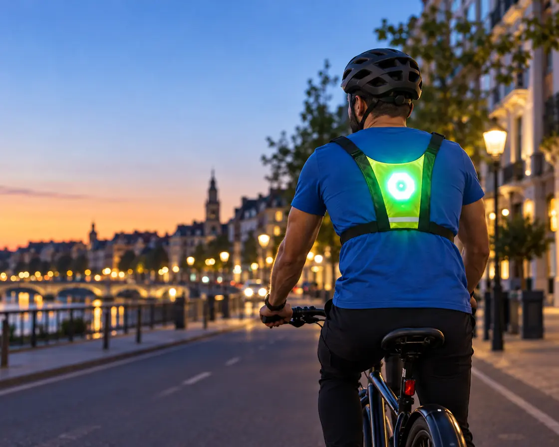 Cycliste de dos en ville au crépuscule portant le gilet LED CycloSignal allumé