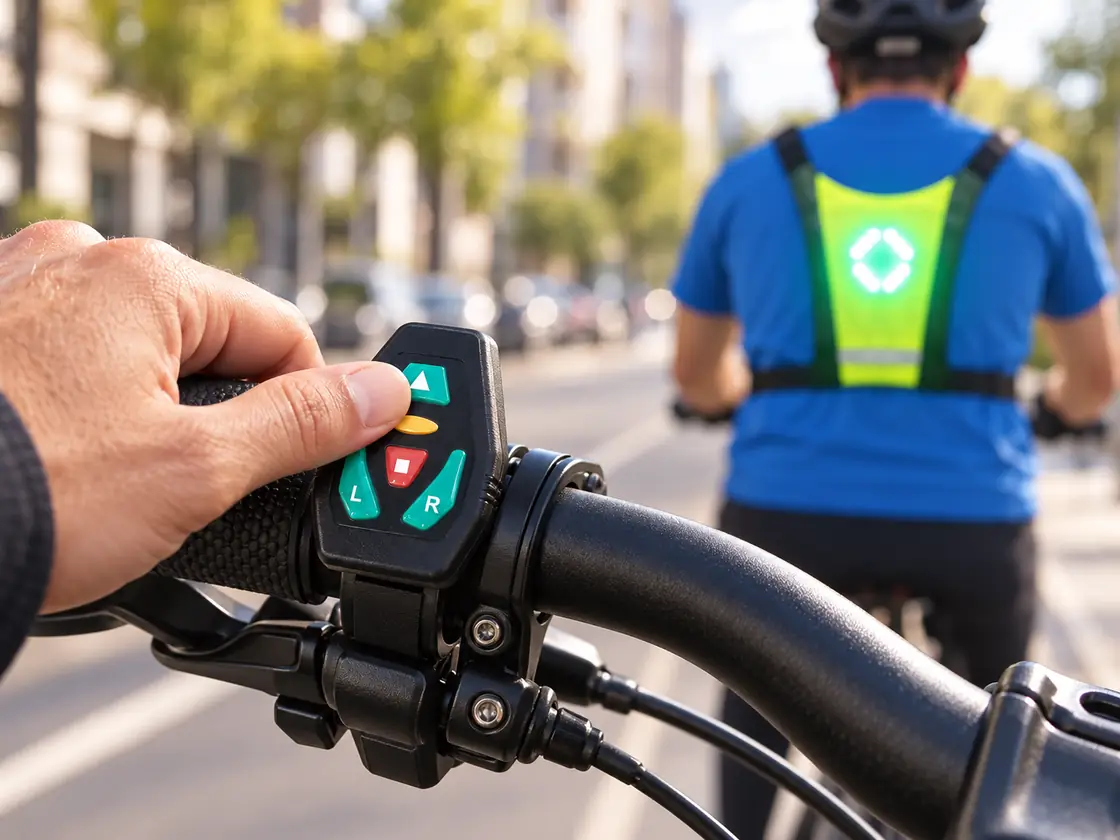 Télécommande du gilet LED fixée au guidon d'un vélo, gilet allumé en arrière-plan
