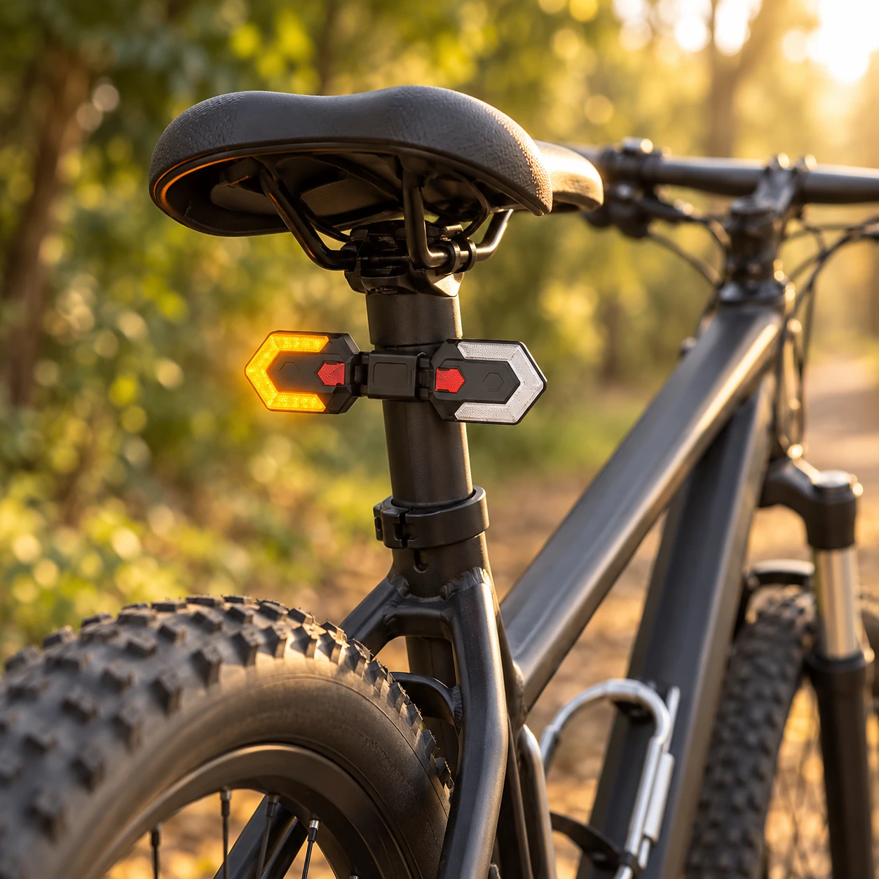 Deux clignotants arrière fixés à la tige de selle du vélo