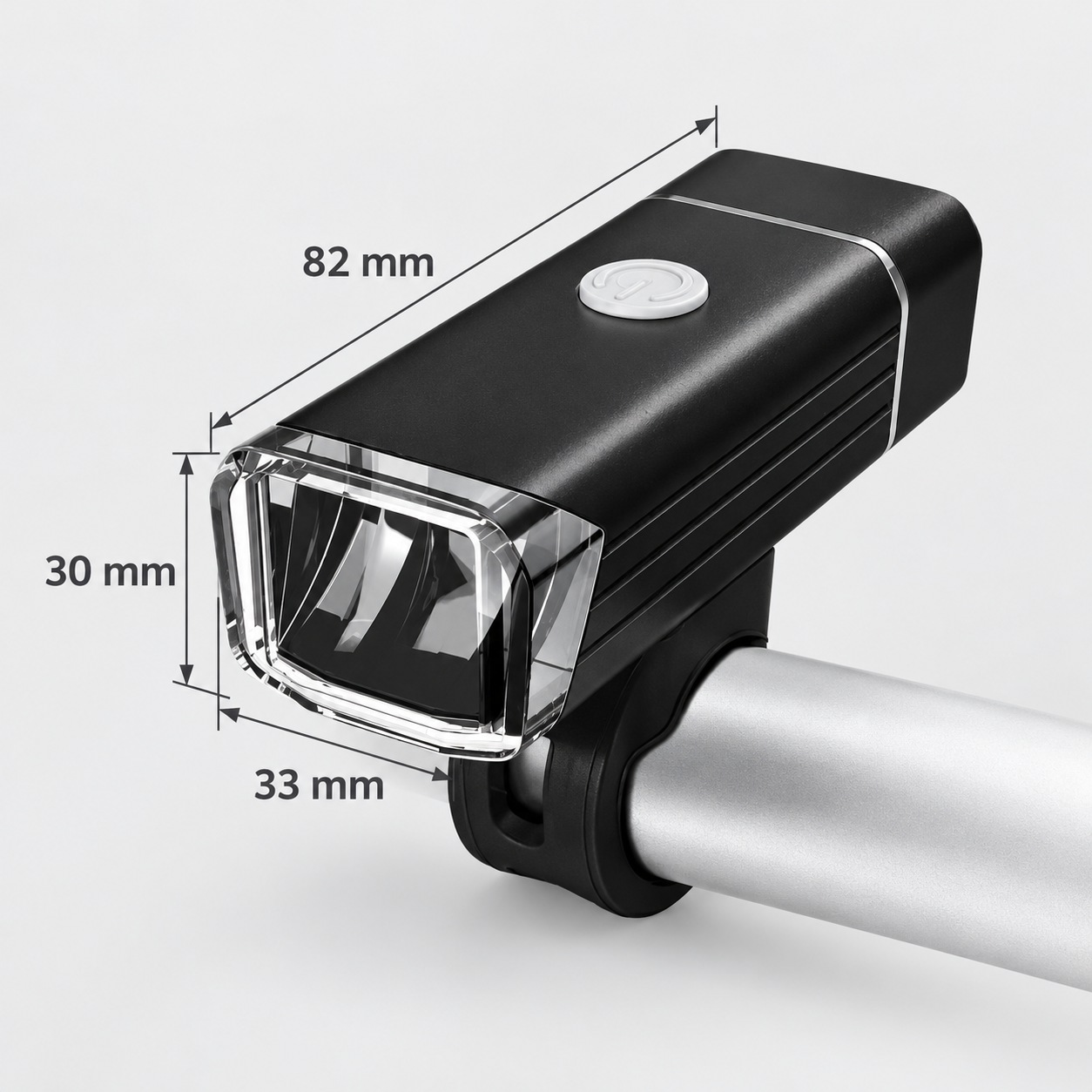 Dimensions de la lampe avant vélo : 82 × 33 × 30 mm selon le visuel fournisseur