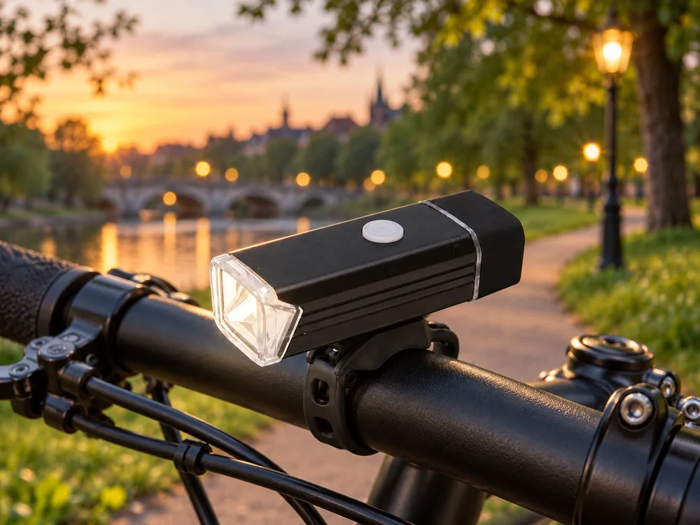 Lampe avant noire fixée au guidon du vélo