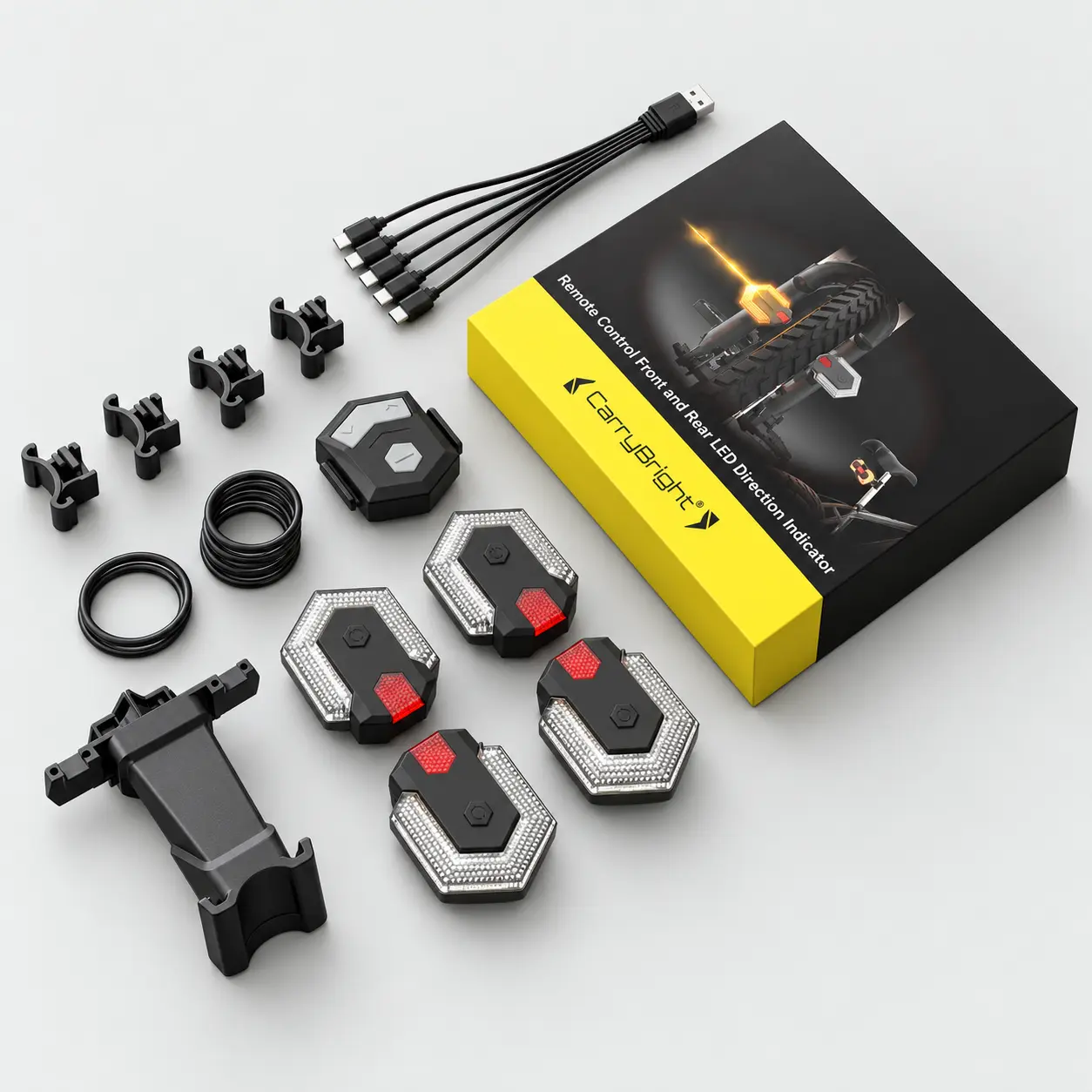 Kit de quatre clignotants vélo avec télécommande, fixations et câble de recharge USB