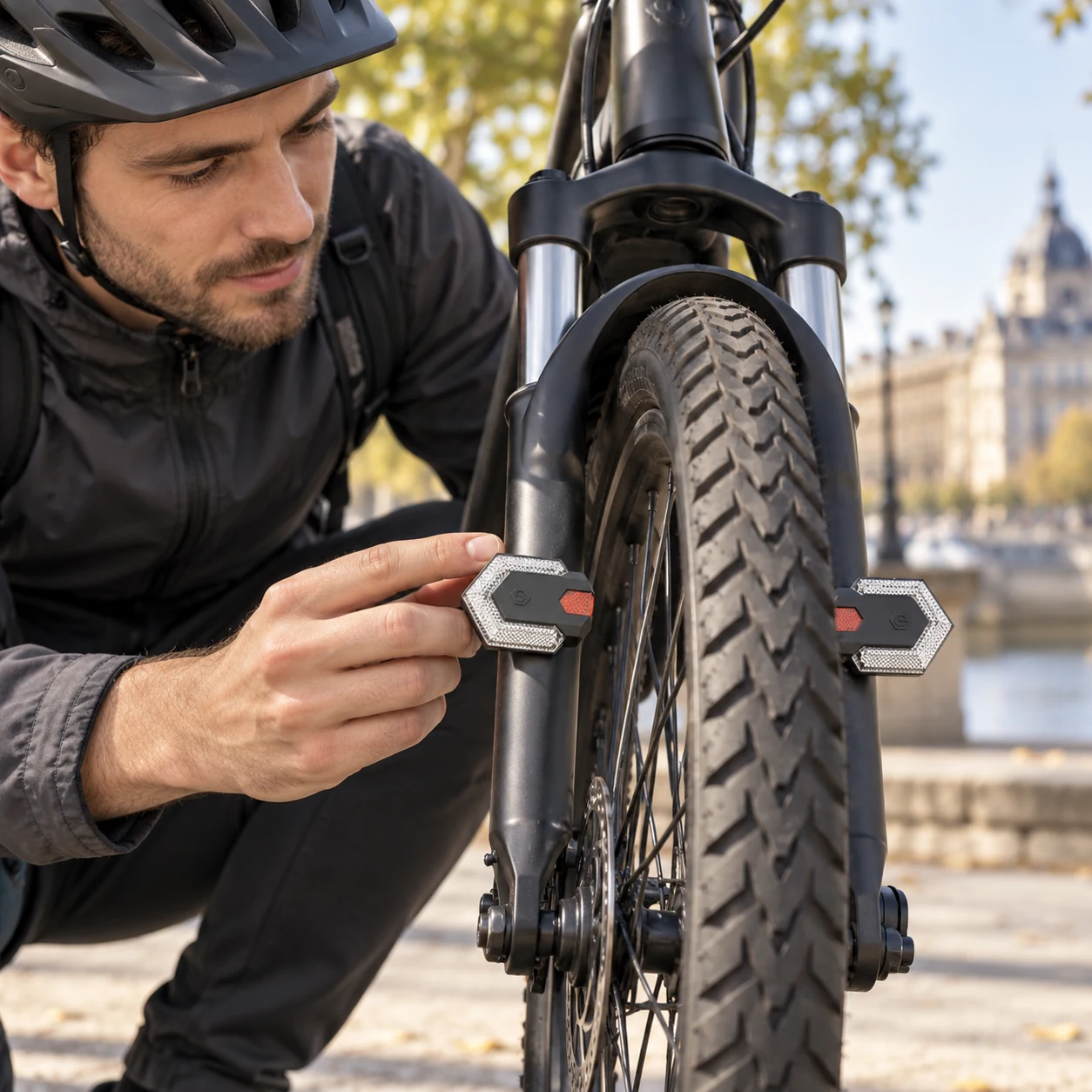 Cycliste vérifiant un indicateur fixé sur la fourche du vélo