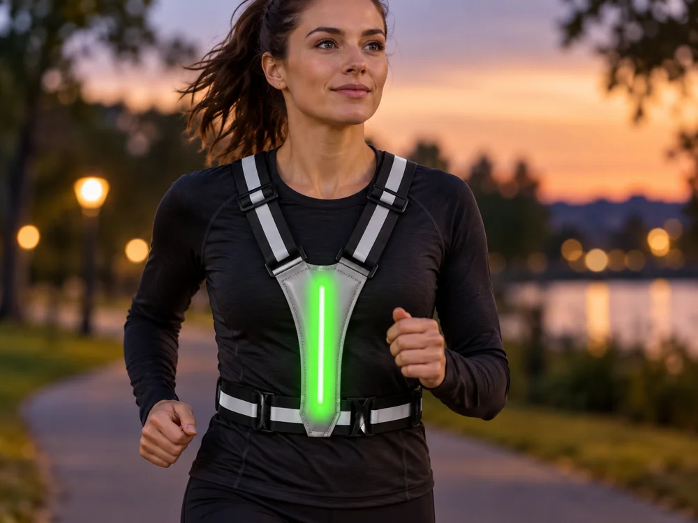 Coureuse portant un gilet lumineux noir avec signal LED vert